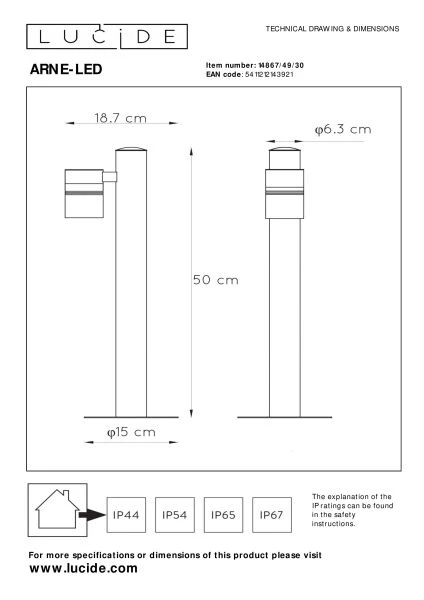 Lucide ARNE-LED - Sokkellamp - Ø 6,3 cm - LED - GU10 - 1x5W 2700K - IP44 - Zwart - technisch